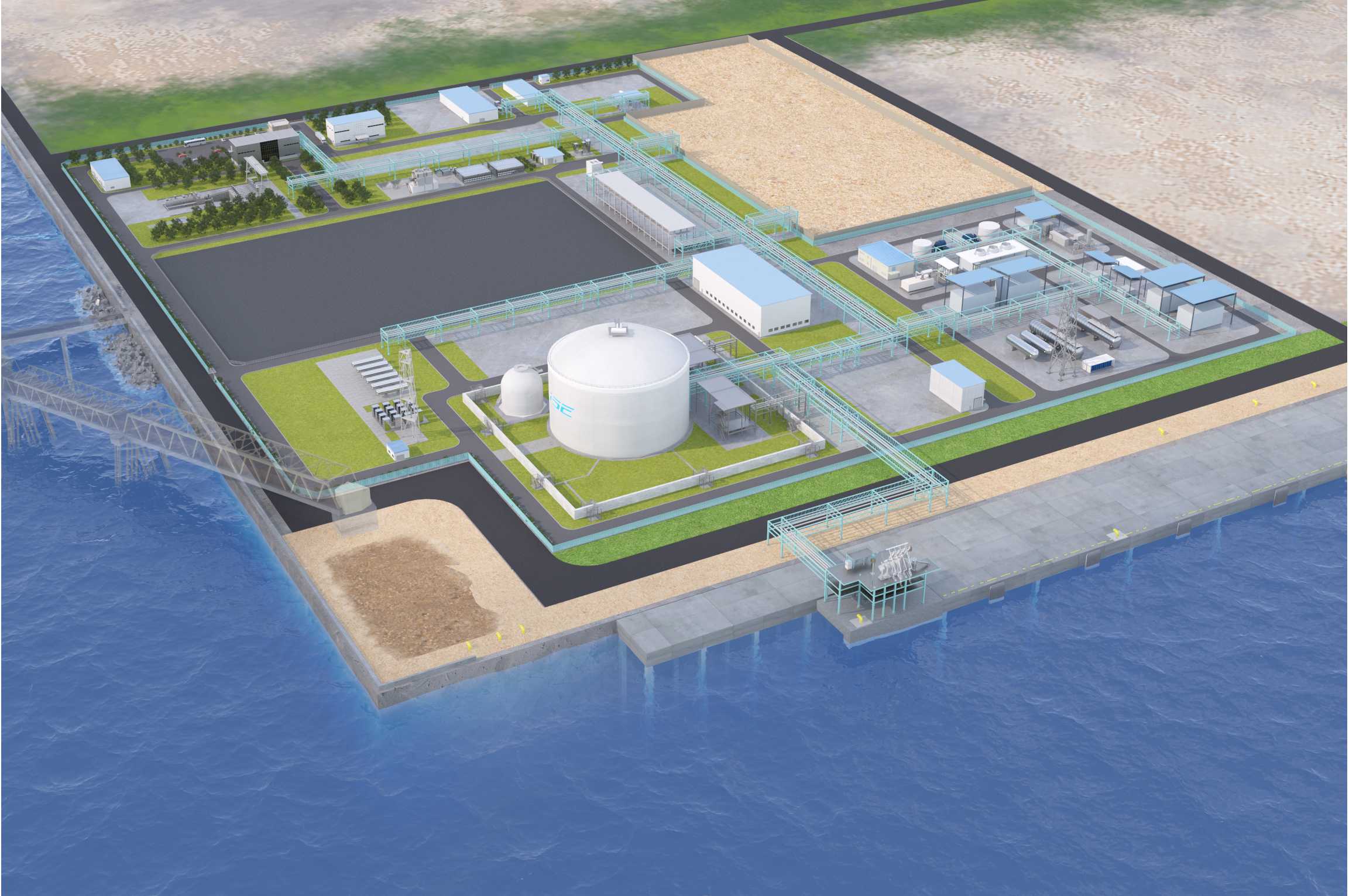 An article about hydrogen and KHI. An eye-catching image of the Kawasaki LH₂ Terminal, a rendering of the completed project, that is relevant to the article.