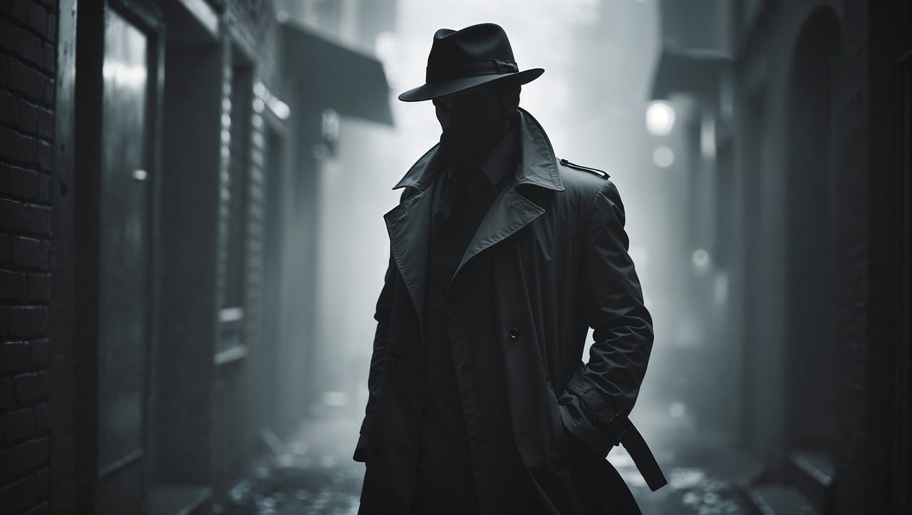 An eye-catching image for an article on foreign intelligence activities in Japan that companies and staff based in Japan should be aware of. The photo shows a faceless figure resembling an intelligence operative, wearing a fedora and a trench coat.
